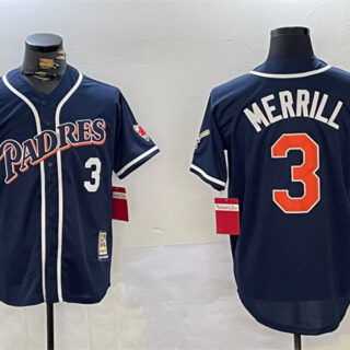 Men's San Diego Padres #3 Jackson Merrill Navy 1998 World Series Cool Base Stitched Baseball Jersey