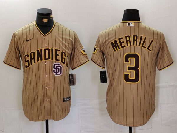Men's San Diego Padres #3 Jackson Merrill Tan Cool Base Stitched Baseball Jerseys