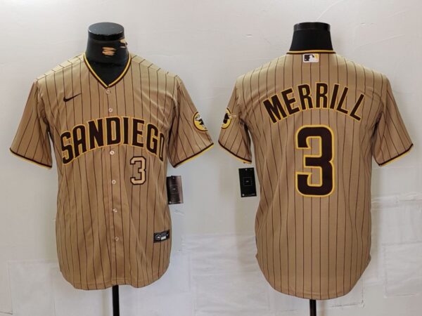 Men's San Diego Padres #3 Jackson Merrill Tan Cool Base Stitched Baseball Jerseys