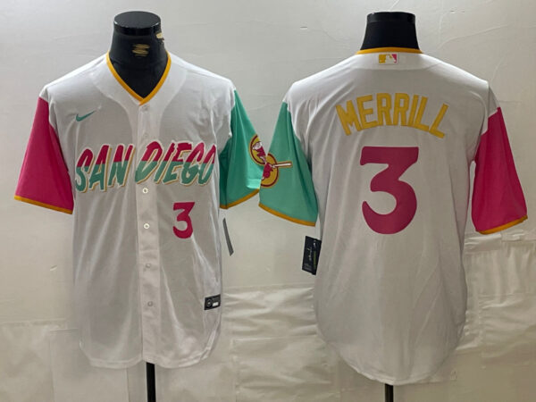 Men's San Diego Padres #3 Jackson Merrill White City Connect Cool Base Stitched Baseball Jerseys
