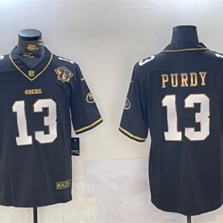 Men's San Francisco 49ers #13 Brock Purdy Black Gold With 75th Anniversary Patch Stitched Jersey