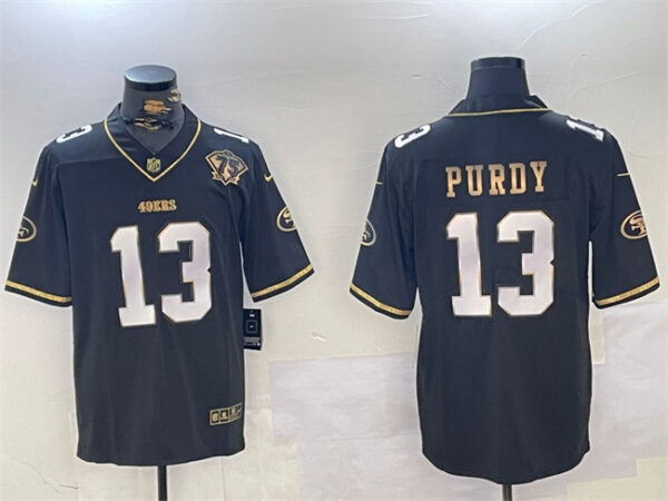 Men's San Francisco 49ers #13 Brock Purdy Black Gold With 75th Anniversary Patch Stitched Jersey