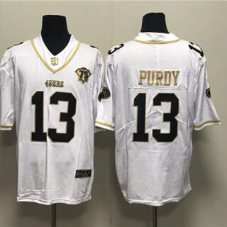 Men's San Francisco 49ers #13 Brock Purdy White Gold With 75th Anniversary Patch Stitched Jersey