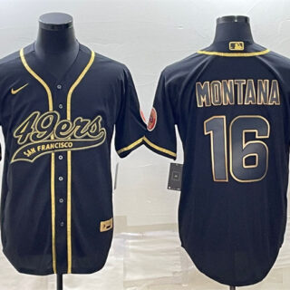 Men's San Francisco 49ers #16 Joe Montana Black Gold With Patch Cool Base Stitched Baseball Jersey