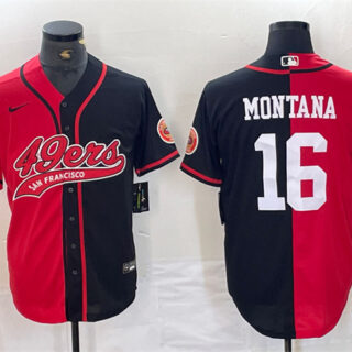 Men's San Francisco 49ers #16 Joe Montana Red Black Split With Patch Cool Base Stitched Baseball Jersey