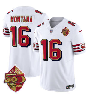 Men's San Francisco 49ers #16 Joe Montana White 2023 F.U.S.E. 50th Patch Throwback Stitched Football Jersey