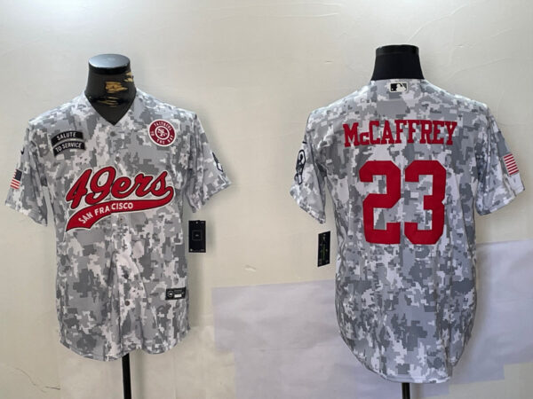 Men's San Francisco 49ers #23 Christian McCaffrey 2024 Arctic Camo Salute To Service Stitched Baseball Jerseys