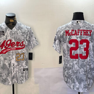 Men's San Francisco 49ers #23 Christian McCaffrey 2024 Arctic Camo Salute To Service Stitched Baseball Jerseys