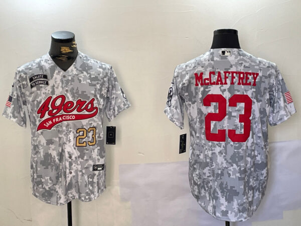 Men's San Francisco 49ers #23 Christian McCaffrey 2024 Arctic Camo Salute To Service Stitched Baseball Jerseys
