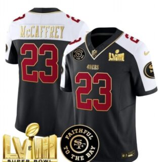 Men's San Francisco 49ers #23 Christian McCaffrey Black White 2024 F.U.S.E. Super Bowl LVIII Patch Alternate Vapor Limited Stitched Football Jersey