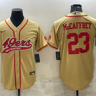 Men's San Francisco 49ers #23 Christian McCaffrey Gold With Patch Cool Base Stitched Baseball Jersey