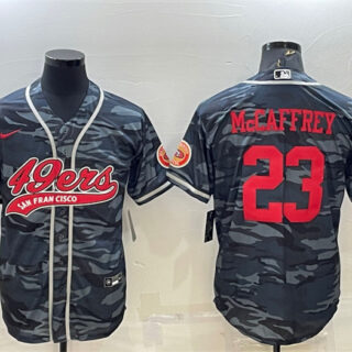 Men's San Francisco 49ers #23 Christian McCaffrey Grey Red Camo With Patch Cool Base Stitched Baseball Jersey