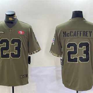 Men's San Francisco 49ers #23 Christian McCaffrey Olive 2022 Salute To Service Limited Stitched Jersey