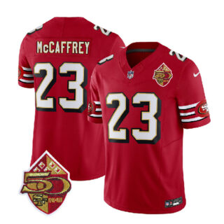 Men's San Francisco 49ers #23 Christian McCaffrey Red 2023 F.U.S.E. 50th Patch Throwback Stitched Football Jersey