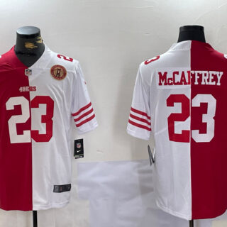 Men's San Francisco 49ers #23 Christian McCaffrey Red & White Split Limited Stitched Jerseys