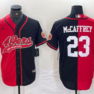 Men's San Francisco 49ers #23 Christian McCaffrey Red Black Split With Patch Cool Base Stitched Baseball Jersey