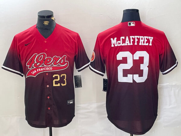 Men's San Francisco 49ers #23 Christian McCaffrey Red Black With Patch Cool Base Stitched Baseball Jerseys