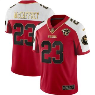 Men's San Francisco 49ers #23 Christian McCaffrey Red Gold With 75th Patch Vapor Limited Stitched Football Jersey