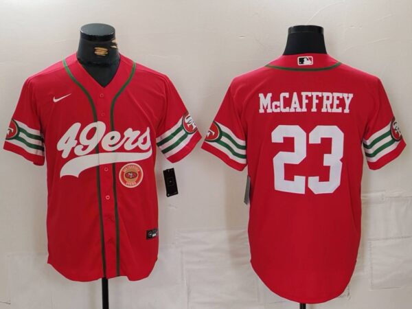 Men's San Francisco 49ers #23 Christian McCaffrey Red With Patch Cool Base Stitched Baseball Jerseys