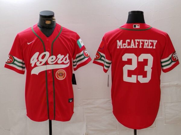 Men's San Francisco 49ers #23 Christian McCaffrey Red With Patch Cool Base Stitched Baseball Jerseys