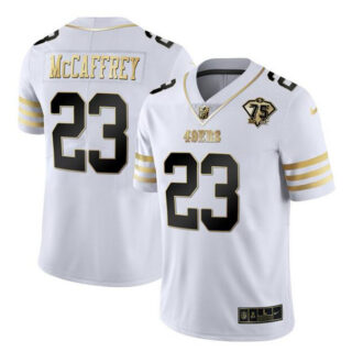 Men's San Francisco 49ers #23 Christian McCaffrey White Gold With 75th Patch Stitched Jersey