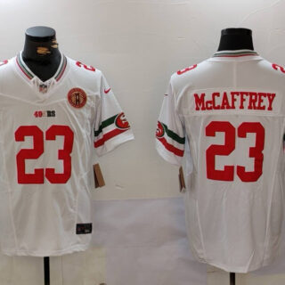 Men's San Francisco 49ers #23 Christian McCaffrey White Gold With 75th Patch Vapor Limited Stitched Football Jersey