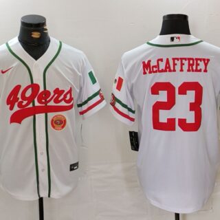 Men's San Francisco 49ers #23 Christian McCaffrey White With Patch Cool Base Stitched Baseball Jersey