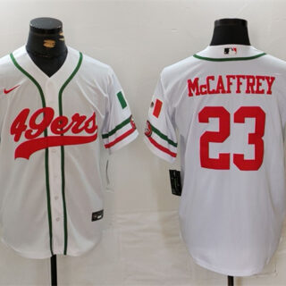 Men's San Francisco 49ers #23 Christian McCaffrey White With Patch Cool Base Stitched Baseball Jersey