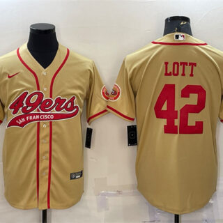 Men's San Francisco 49ers #42 Ronnie Lott Gold With Patch Cool Base Stitched Baseball Jersey