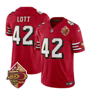 Men's San Francisco 49ers #42 Ronnie Lott Red 2023 F.U.S.E. 50th Patch Throwback Stitched Football Jersey