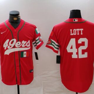 Men's San Francisco 49ers #42 Ronnie Lott Red With Patch Cool Base Stitched Baseball Jerseys
