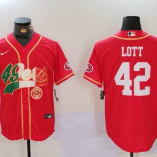 Men's San Francisco 49ers #42 Ronnie Lott Red With Patch Cool Base Stitched Baseball Jerseys
