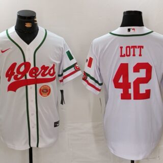 Men's San Francisco 49ers #42 Ronnie Lott White With Patch Cool Base Stitched Baseball Jersey