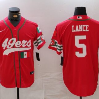 Men's San Francisco 49ers #5 Trey Lance Red With Patch Cool Base Stitched Baseball Jerseys