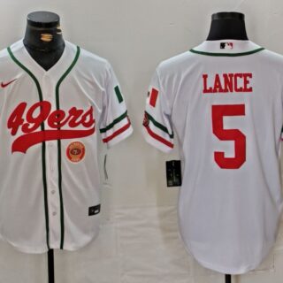 Men's San Francisco 49ers #5 Trey Lance White With Patch Cool Base Stitched Baseball Jersey