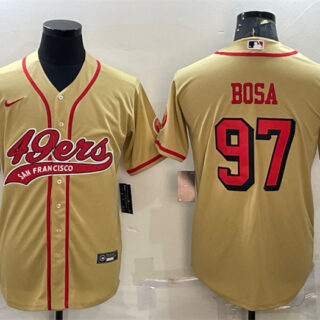 Men's San Francisco 49ers #97 Nick Bosa New Gold With Patch Cool Base Stitched Baseball Jersey