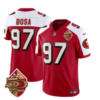 Men's San Francisco 49ers #97 Nick Bosa Red White 2023 F.U.S.E. 50th Patch Throwback Stitched Football Jersey