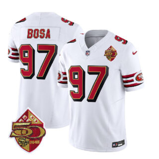 Men's San Francisco 49ers #97 Nick Bosa White 2023 F.U.S.E. 50th Patch Throwback Stitched Football Jersey