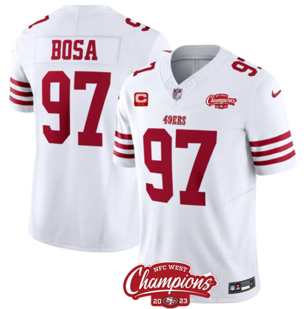 Men's San Francisco 49ers #97 Nick Bosa White 2023 F.U.S.E. With 2-Star C Patch And NFC West Champions Patch Stitched Football Jersey
