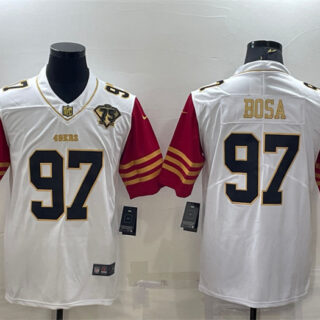 Men's San Francisco 49ers #97 Nick Bosa White Gold With 75th Anniversary Patch Stitched Jersey