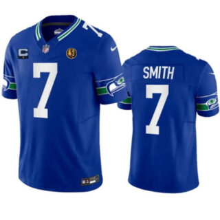 Men's Seattle Seahawks #7 Geno Smith Blue 2023 F.U.S.E. Throwback With 1-Star C Patch And John Madden Patch Vapor Limited Stitched Football Jersey