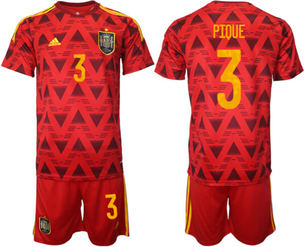Men's Spain #3 Pique Red Home Soccer Jersey Suit