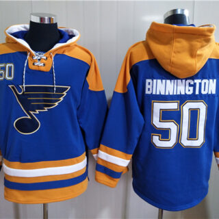 Men's St. Louis Blues #50 Jordan Binnington Blue Ageless Must-Have Lace-Up Pullover Hoodie