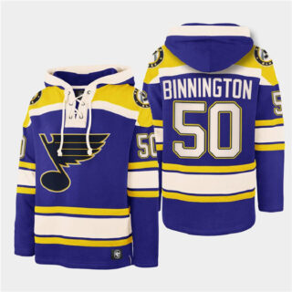 Men's St. Louis Blues #50 Jordan Binnington Blue Ageless Must-Have Lace-Up Pullover HoodieS