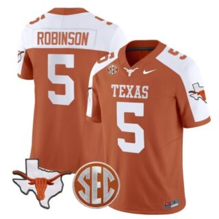 Men's Texas Longhorns #5 Bijan Robinson Orange F.U.S.E. State Map & SEC Patch Stitched Jersey