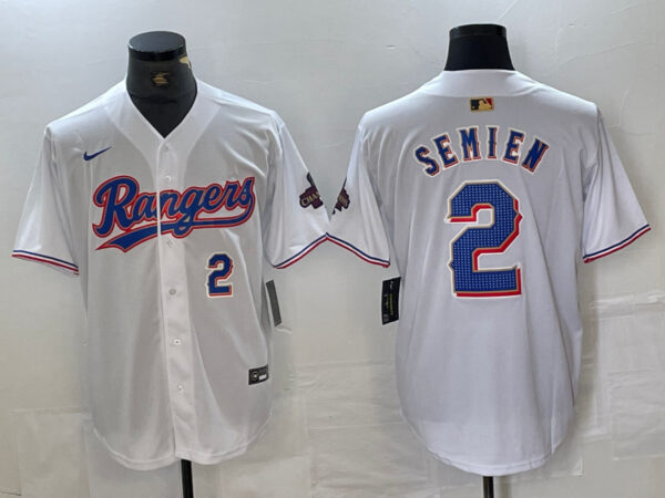 Men's Texas Rangers #2 Marcus Semien White Gold Cool Base Stitched Baseball Jersey