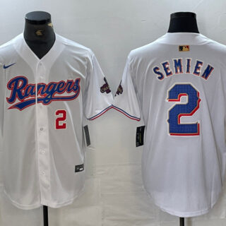 Men's Texas Rangers #2 Marcus Semien White Gold Cool Base Stitched Baseball Jersey