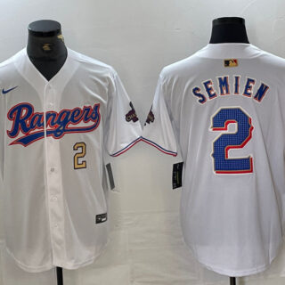 Men's Texas Rangers #2 Marcus Semien White Gold Cool Base Stitched Baseball Jersey