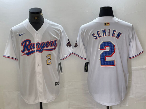 Men's Texas Rangers #2 Marcus Semien White Gold Cool Base Stitched Baseball Jersey