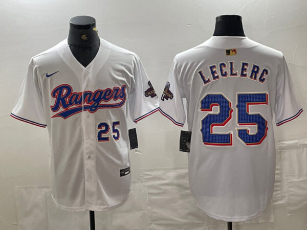 Men's Texas Rangers #25 Jose Leclerc White Gold Cool Base Stitched Baseball Jersey